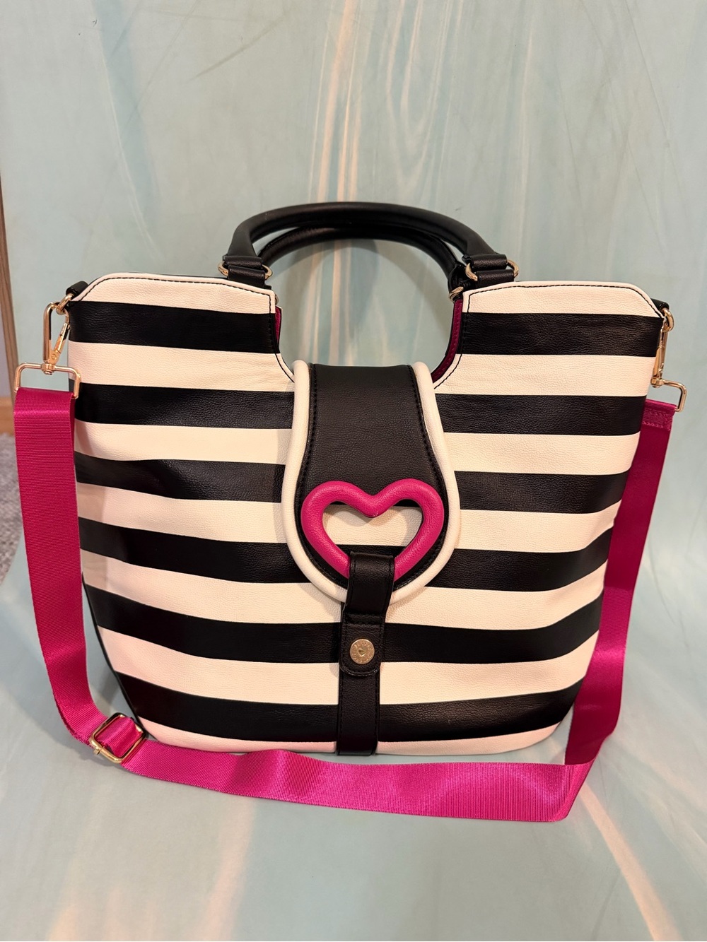 Betsey Johnson Black & White Stripe Large Tote with Pink Heart Accent